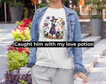 Whimsical Witch T-Shirt | Halloween Pumpkin Illustration, Garment-Dyed Cotton