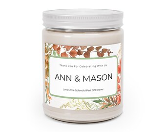Personalized Fall Wedding Candle Favor: Autumn Botanical Label, Eco-Friendly Guest Gift