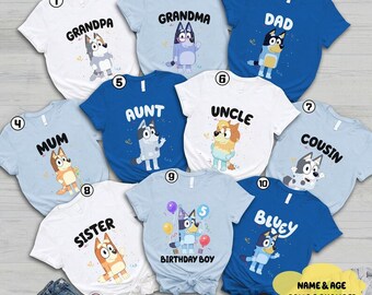 Personalized Bluey Birthday Shirt | Bluey Birthday Party Tshirt | Bluey and Bingo Birthday Tee | Custom Bluey Shirt