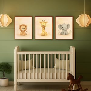 Jungle Animal Nursery Wall Art Set of 3 – Safari Baby Room Decor – Giraffe, Elephant, Lion Prints