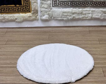White Faux Fur Round Rug: Soft Plush Shag Rug, Non-Slip