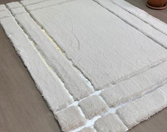 Handmade Beige-Silver Faux Fur Rug: Shaggy Plush Area Rug, Faux Fur Decor