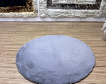 Gray Faux Fur Round Rug: Soft Plush Shag Rug, Customizable Size