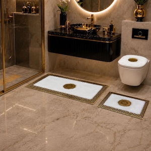 Juego de 3 alfombras de baño de lujo con diseño de greca griega / Alfombra de baño de felpa