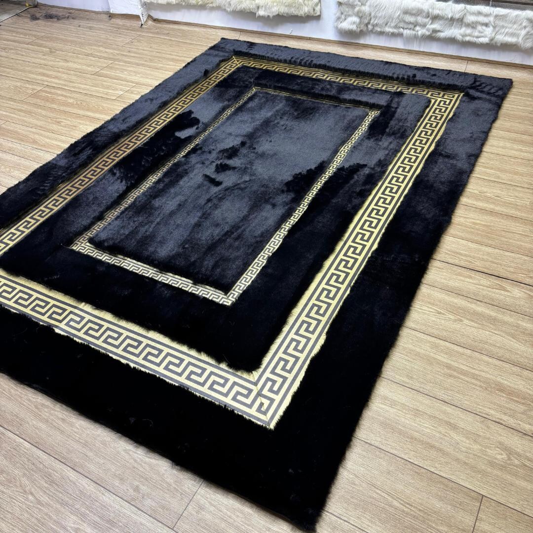Black Plush Rug With Gold Greek Key Border – Luxury Faux Fur Area Rug ...