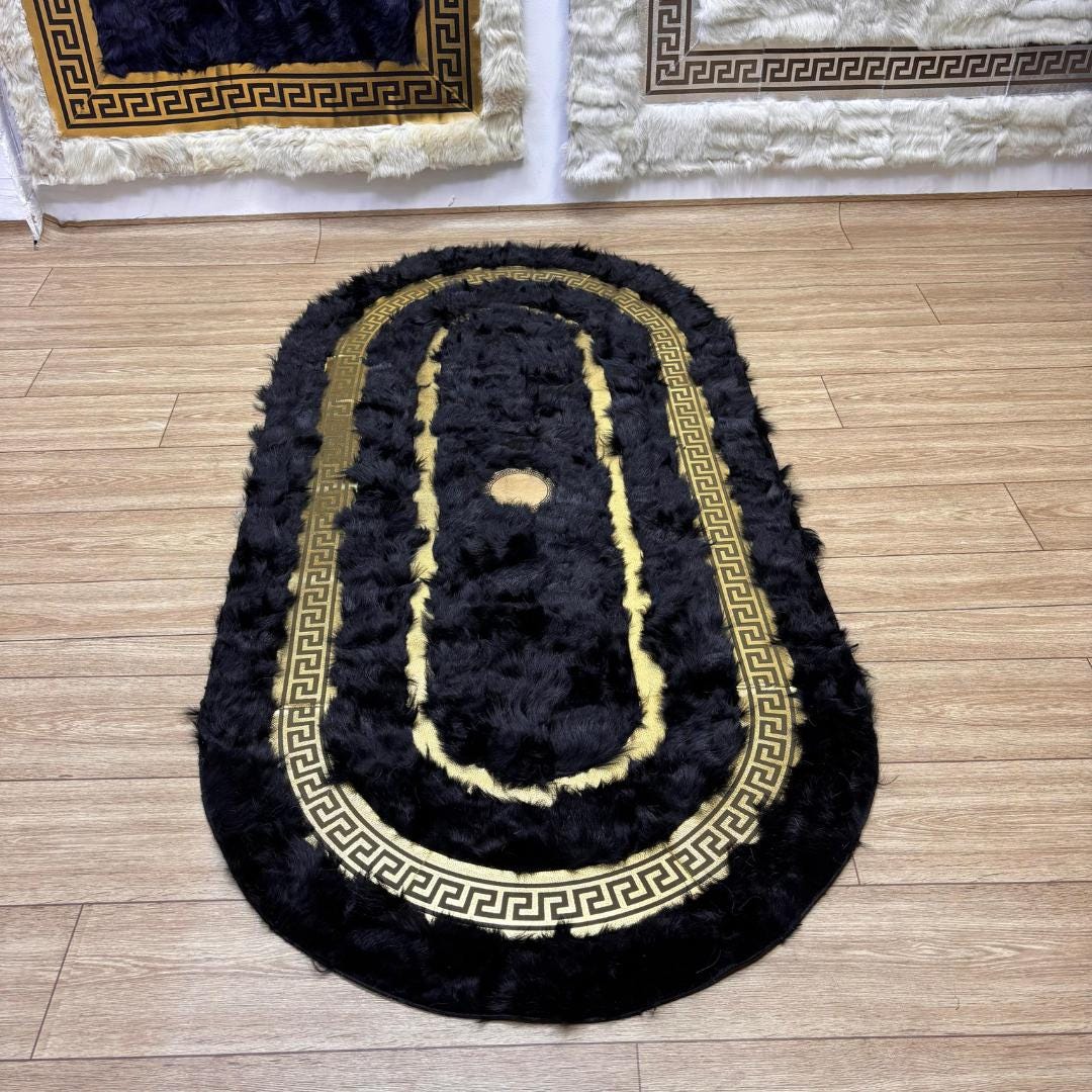 Giant Black Sheepskin Fur Rug, Greek Key Wool Sheepskin Rugs for Living ...