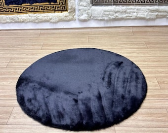 Black Faux Fur Round Rug: Soft Plush Shag Rug, Non-Slip