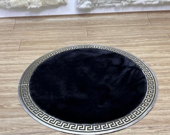 Black Faux Fur Round Rug: Soft Plush Shag Rug, Non-Slip