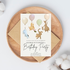 Winnie the Pooh invitation, printable editable boy girl birthday invite, electronic invitation, Teddy Bear invite template, Winnie invite