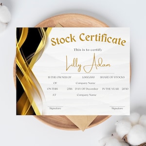 Certificate of Stock, Editable Stock Certificate Template, Certificate of Shares, Stock Market Gifts, Stock Template, Share of Stock