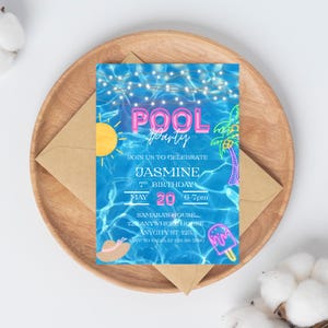 May include: A pool party invitation with a blue water background, featuring the words "POOL Party" in pink and white. The invitation includes details for Jasmine's 7th birthday on May 20th, 6-7pm, with RSVP information.