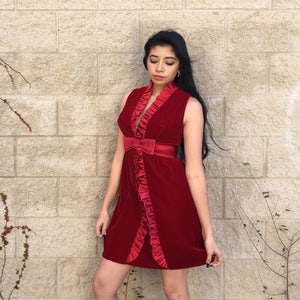 Vintage 1970&#39;s Bordoux Red Velvet Ruffle Mini Dress