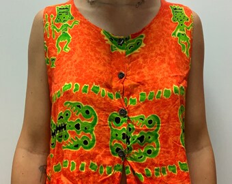 Vintage 80s Fun-Wear Cropped Abstract Print Orange Vest