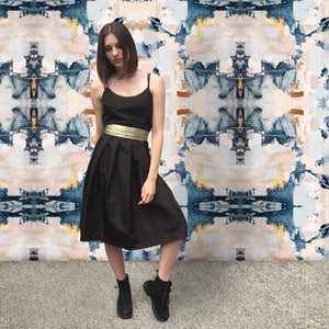 Vintage 1980&#39;s Black And Gold Wrap Pleated Spaghetti Strap Dress