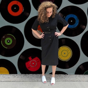 Vintage 1960&#39;s Black Button Up Dress with Belt