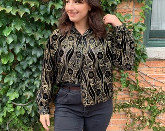 Retro Black Velvet and Gold Blouse