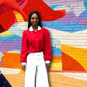 Vintage 1970&#39;s Red Button Down Shirt with White Collar and Pearl Buttons