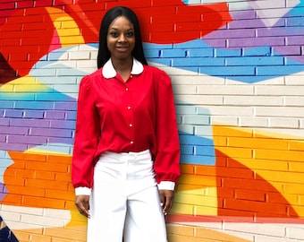 Vintage 1970's Red Button Down Shirt with White Collar and Pearl Buttons