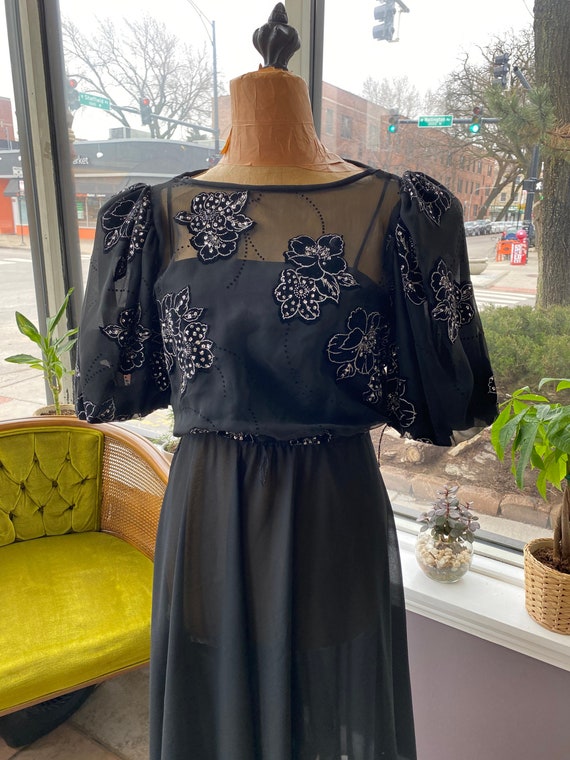 Black silver Sheer Dress With Sparkly Flower Appliques Etsy Canada