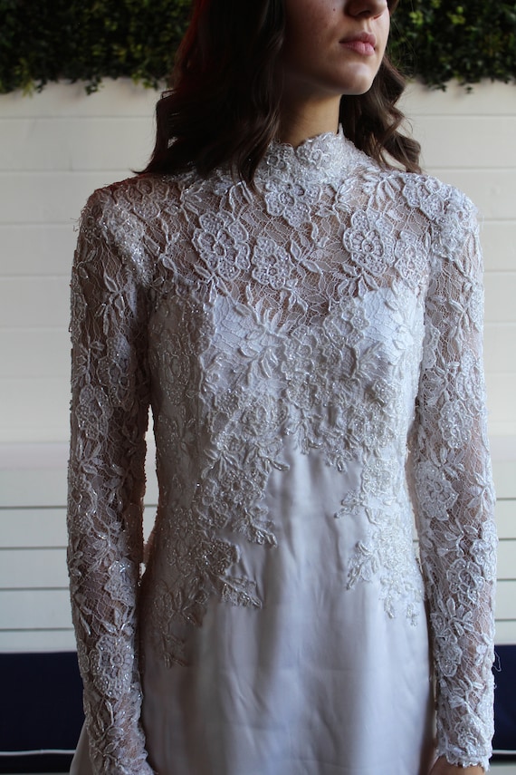 Vintage 1970's High Neck Floral Beaded Bridal Gown - image 1