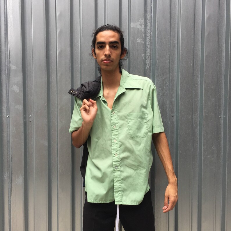 Vintage 1960/'s Men/'s Minty Green Button Up Short Sleeve Shirt