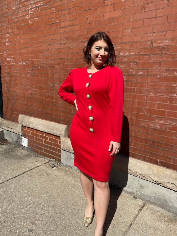 Red Dress with Big Gold and “Pearl” Buttons