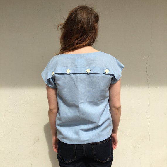 Vintage 1990's Baby Blue Linen Top With Button Ba… - image 6