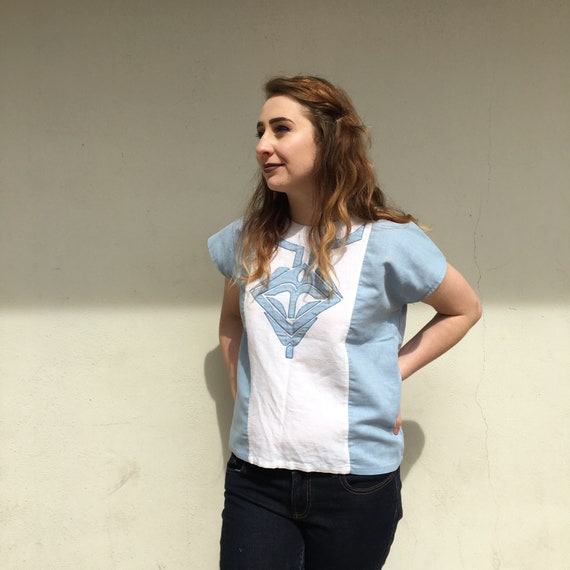 Vintage 1990's Baby Blue Linen Top With Button Ba… - image 2