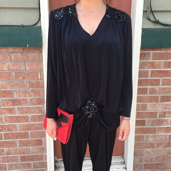 Vintage 1980's Black Jumpsuit with Sequins and Sho