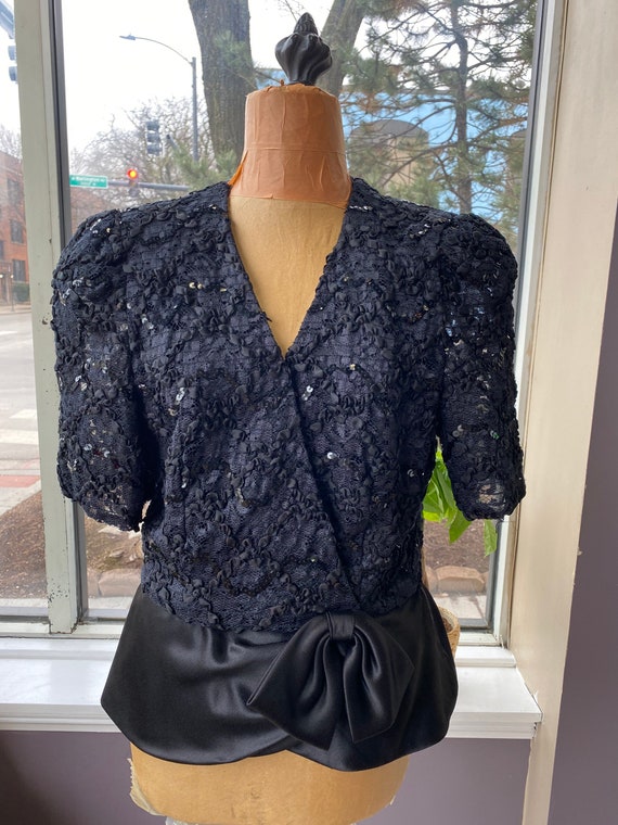 Sparkly Black Blouse with Black Bow