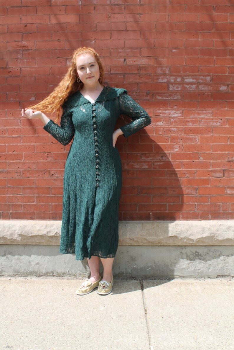 Vintage 1980's Green Lace Maxi Dress image 1