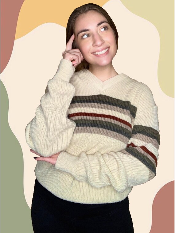 Beige Knit Sweater with Horizontal Lines