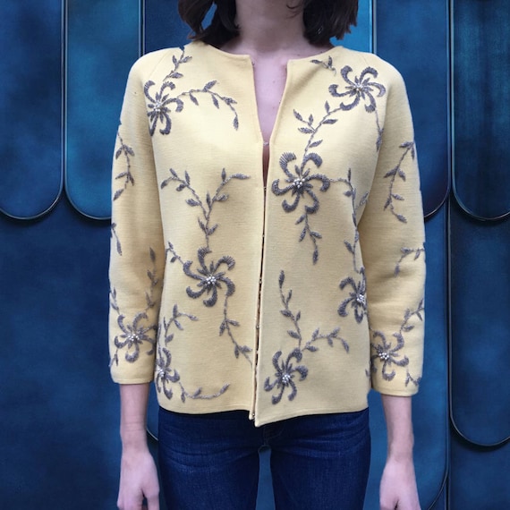 Vintage 1970's Yellow Cardigan with Ornate Silver… - image 1