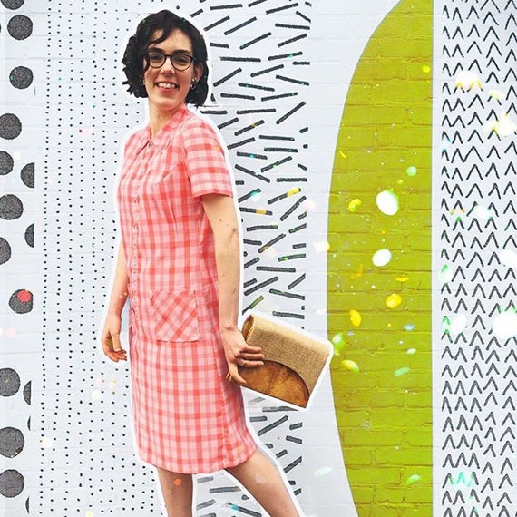 Vintage 1960's Peach Plaid Midi Dress With Half Zi