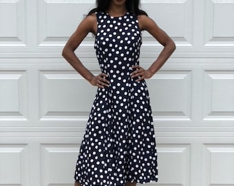 Vintage 1960's Navy Blue And White Polka Dot Dress