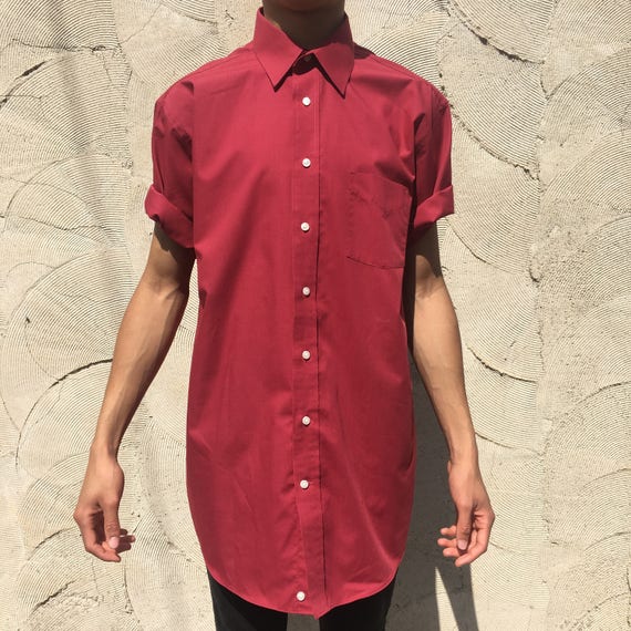 Vintage 1990's Red Broadcloth Short Sleeve Button… - image 4