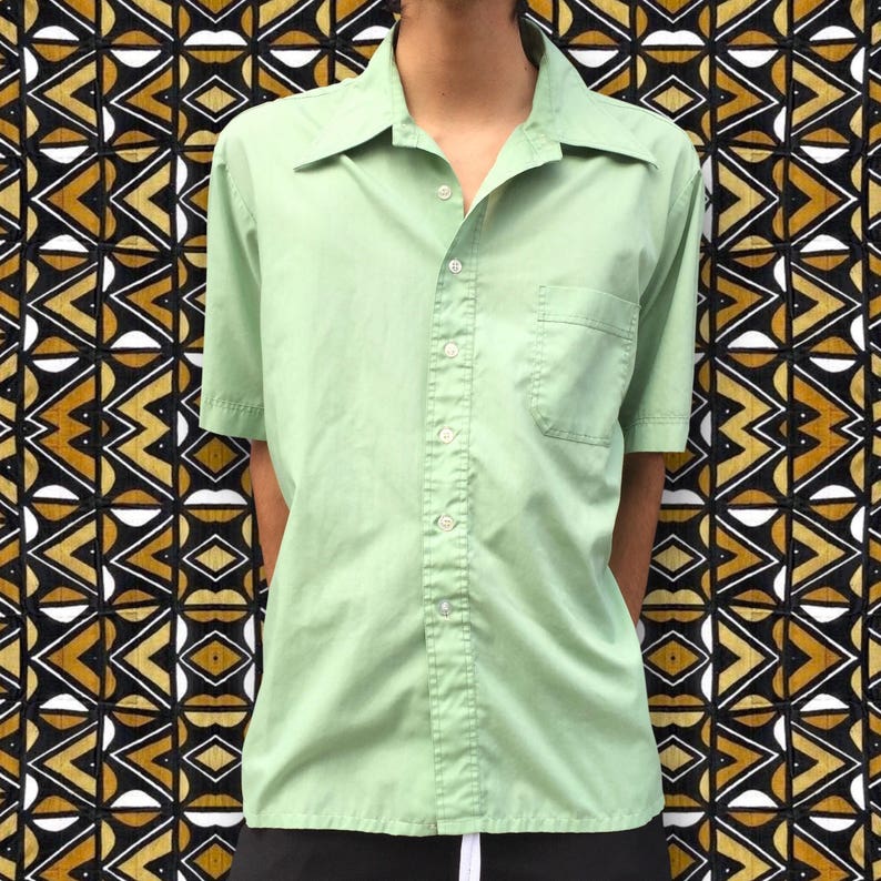 Vintage 1960/'s Men/'s Minty Green Button Up Short Sleeve Shirt