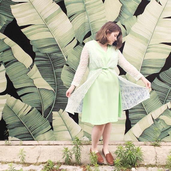 Vintage 1950's Light Green Dress With Lace Overlay - image 1