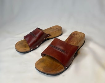 Red Leather Wooden Clogs