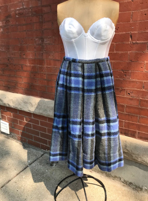 Vintage blue black plaid midi thick skirt