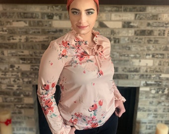 Pink Floral with Ruffled Collar Blouse