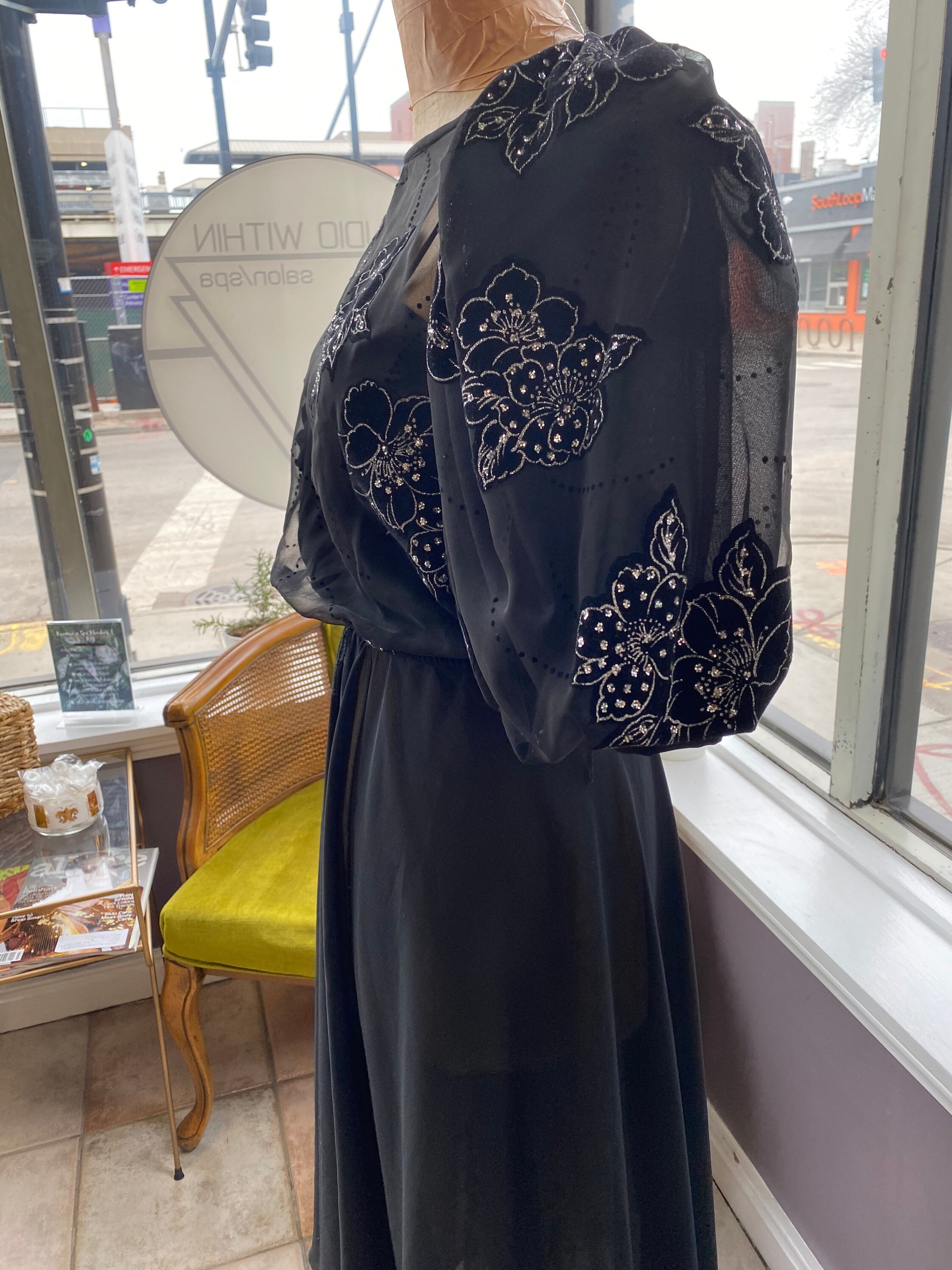 Black silver Sheer Dress With Sparkly Flower Appliqu s Etsy