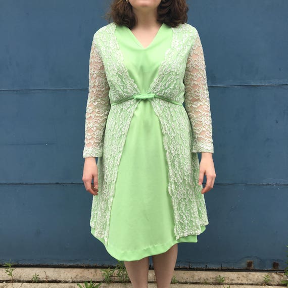 Vintage 1950's Light Green Dress With Lace Overlay Gem