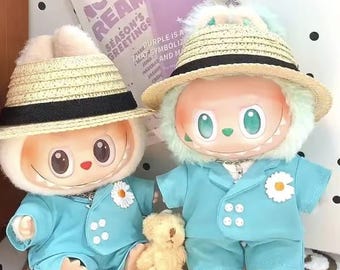 Kpop inspired Summer Suit Outfit Set for Plush Dolls – Blue Button-Up with Daisy Patch and Hat