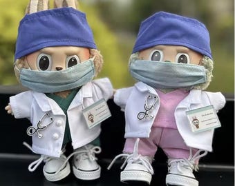 Doctor Outfit for 17cm Dolls –  Scrubs | Mini Lab Coat, Surgical Mask, Hat & Name Badge Set | Plush Doll Clothes