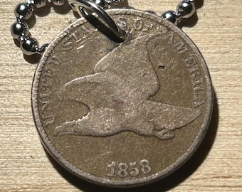 1858 Flying Eagle Cent, Historically Holed And Strung On A 2mm x 24” Stainless Steel Ball Chain. Cool Way To Display These Damaged Coins!