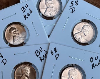 5- 1958 D Wheat Cents In BU Condition. These Are Red Gems! Coins In Picture Are What You Receive.