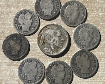 8 Barber Silver Dimes, 1909-1916 And One 1929 S Buffalo, All In Circulated Condition. Coins In Picture Are What You Receive!