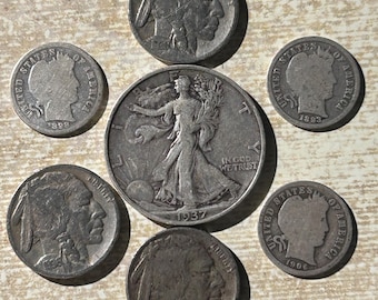 Three Buffalo’s, Three Barber Dimes, One Walking Liberty Half Dollar. Coins In Picture Are What You Receive. Cool Numismatic History Kit!
