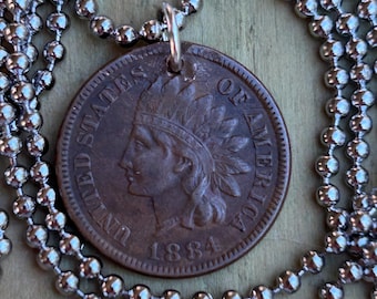 1884 Indian Head Penny, Historically Holed And Strung On A 2mm x 24” Stainless Steel Ball Chain. Very Nice Indian With Full Liberty!